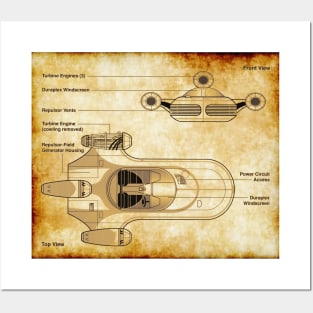 Desert Planet Hovercar Parchment Blueprint Posters and Art